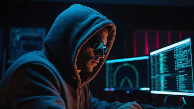A bog standard hacker, complete with hoodie and sunglasses.