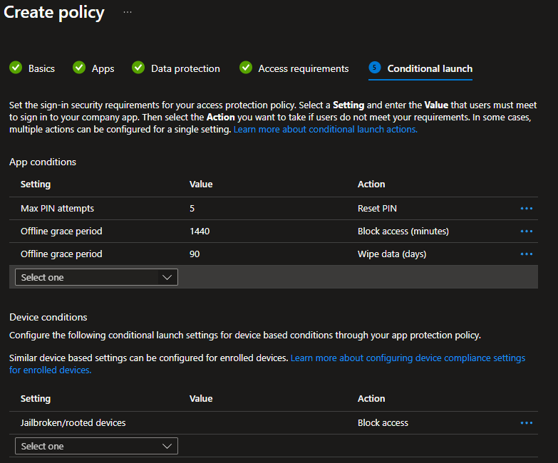 A screenshot of the conditional launch settings.