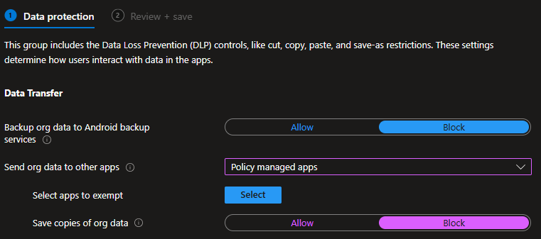 A screenshot of the data protection settings.